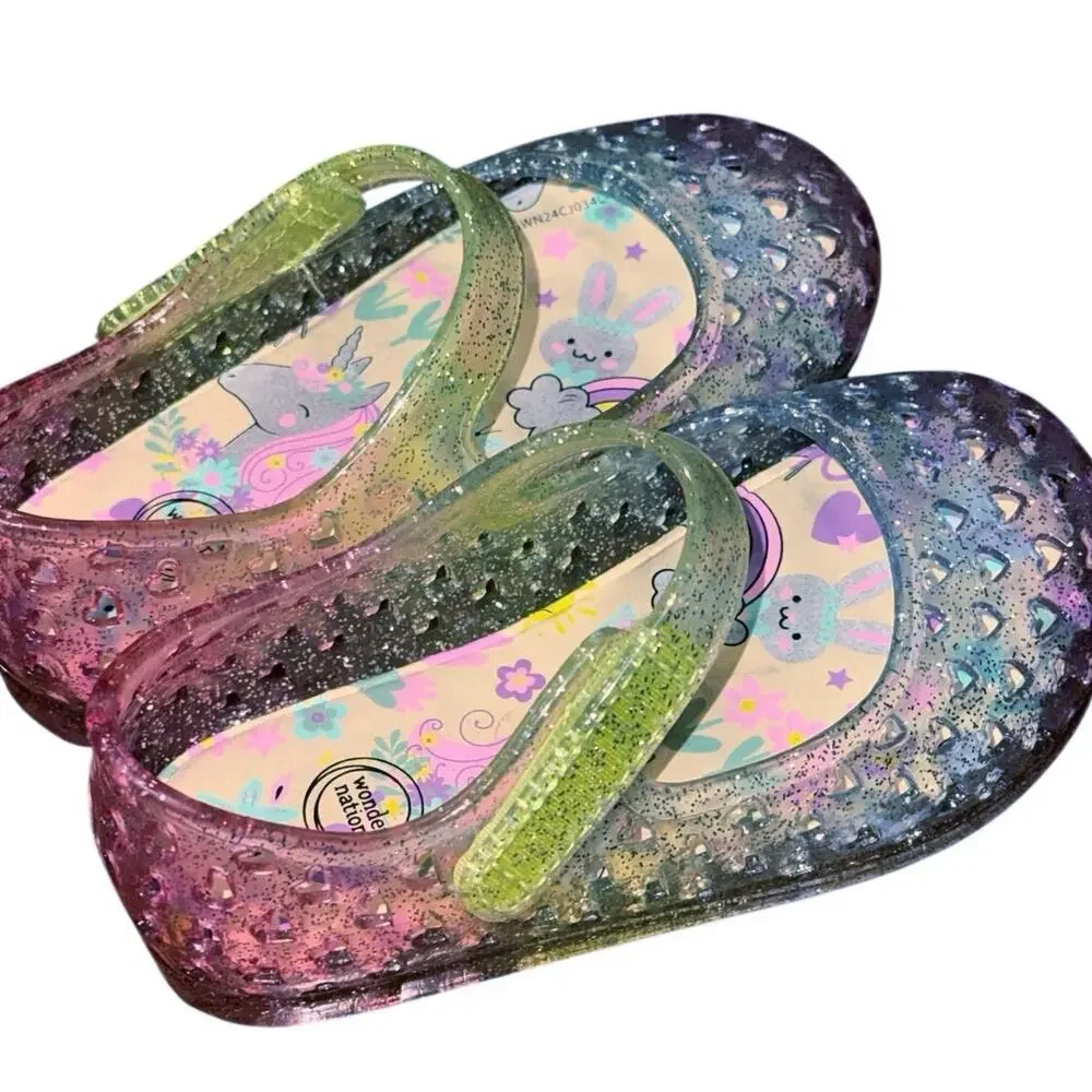 Wonder Nation Rainbow Glitter Jelly Shoes Girls 6C Unicorn Heart Velcro Sandals